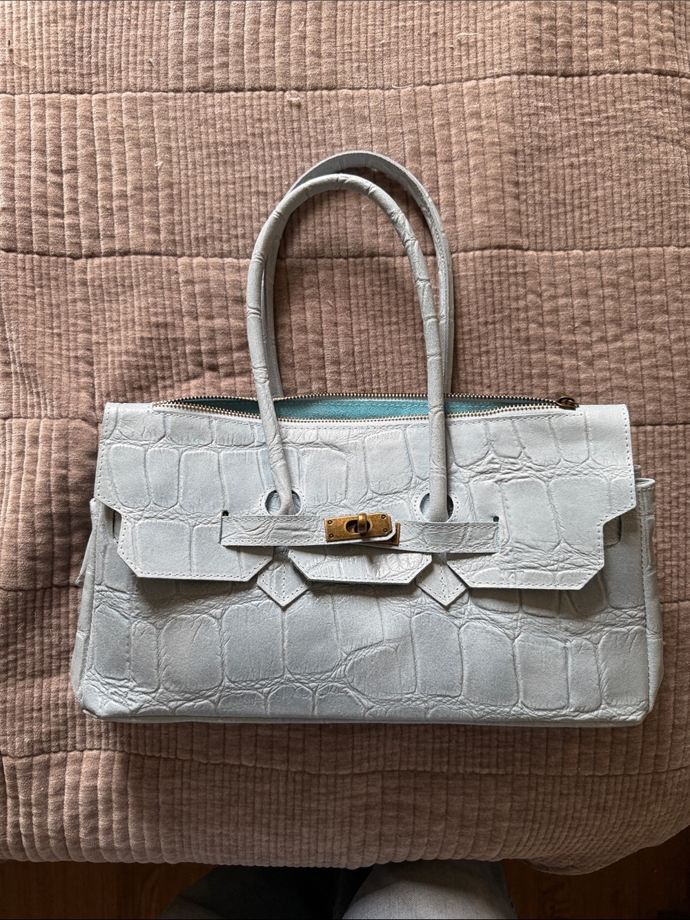 White Croc-Embossed Top-Handle Satchel